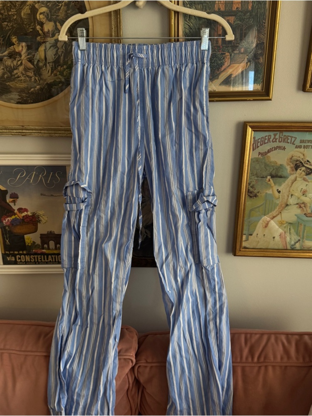 Blue & White Striped Casual Cargo Pants